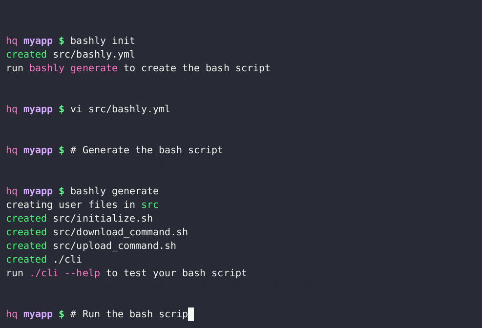 Bashly terminal demo showing initialization and Bash script generation