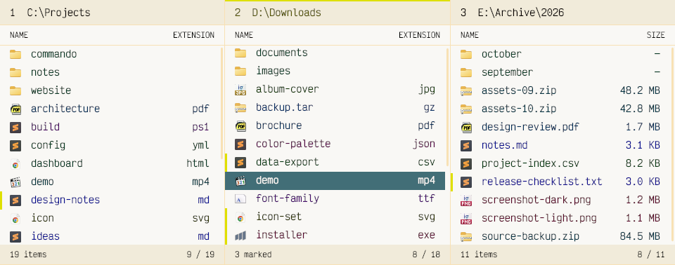 Commando showing three file panels side by side