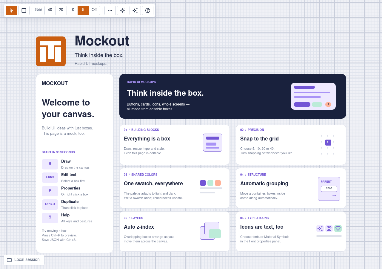 Mockout's editable Welcome project showing interface mockups, shapes, colors, text, and icons