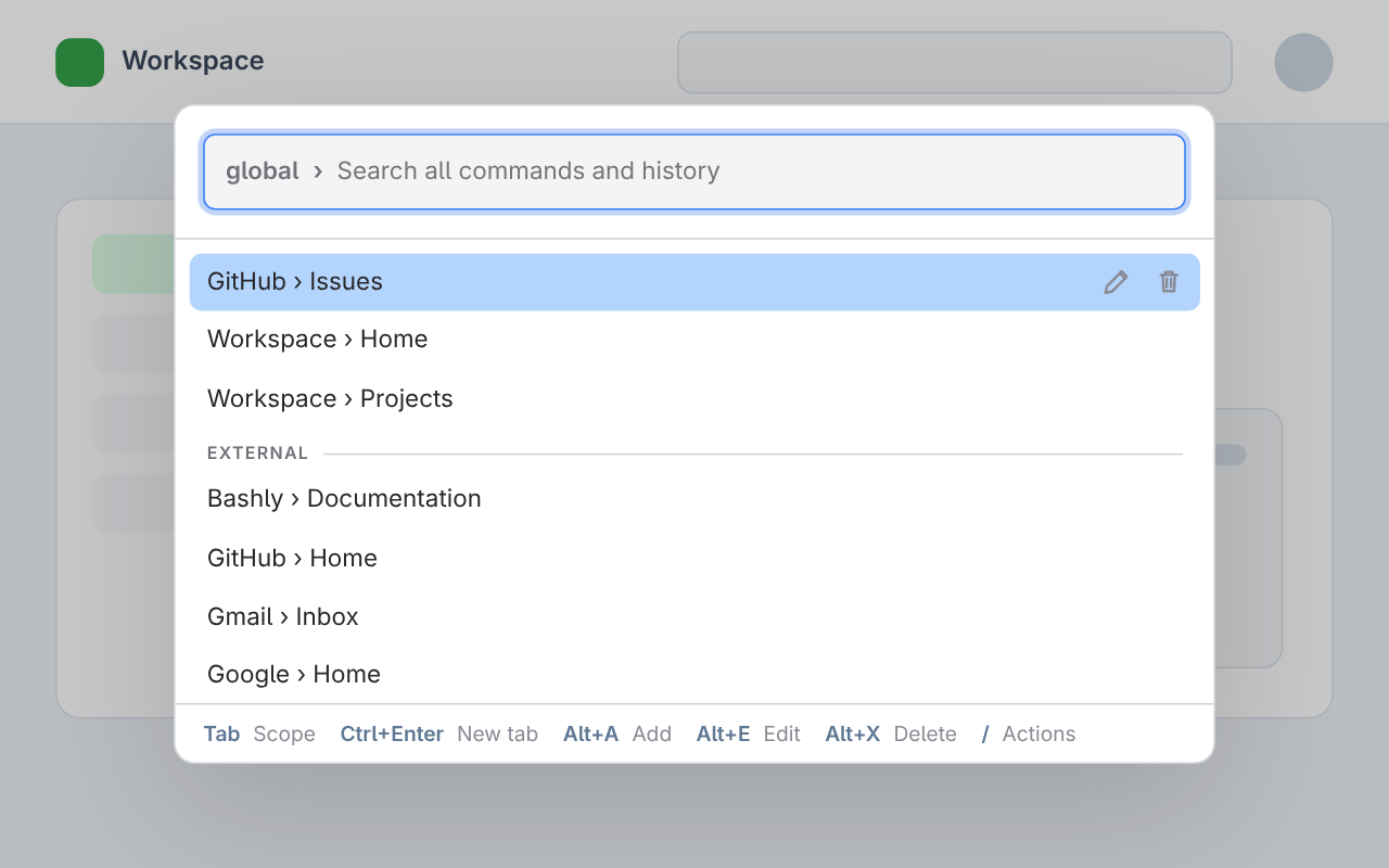 Site Command Palette showing saved website commands and keyboard shortcuts