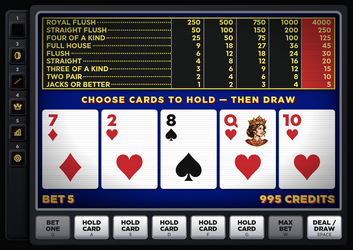 Video Poker showing a dealt Jacks or Better hand